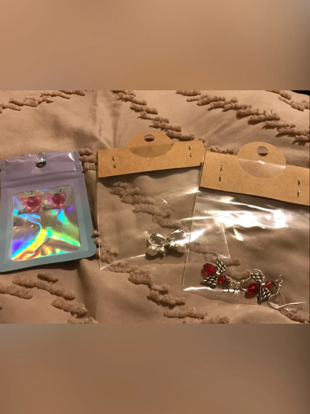 Pink Butterfly Stud Earrings & Red Beaded Angel & Clip-on Pearl Earrings
